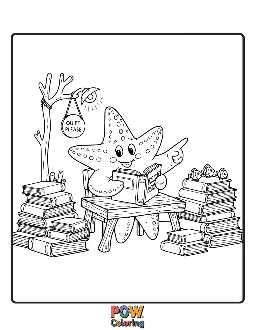 Free coloring page of A knowledgeable starfish organizing scrolls made of seaweed in a grand underwater library.