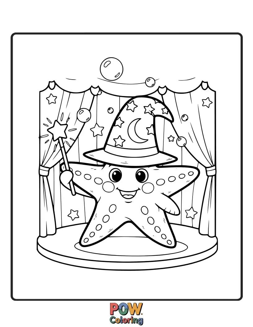 Free coloring page of A mysterious starfish with a wand, performing a dazzling illusion with sparkling bubbles.