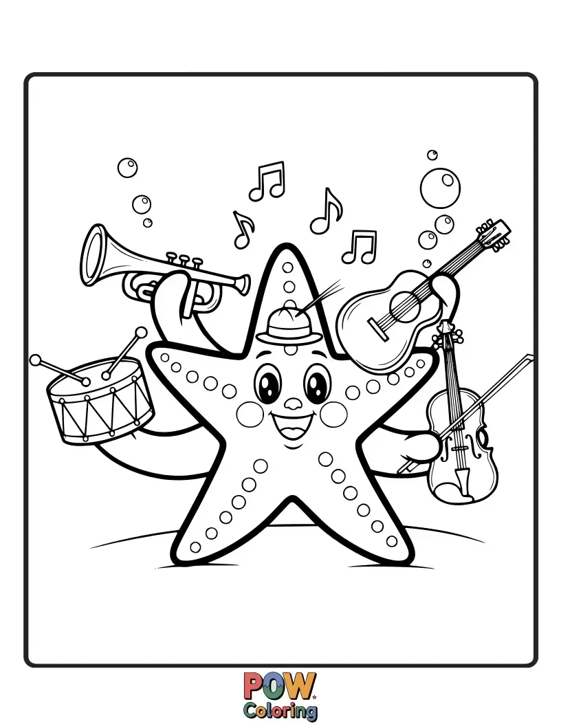 Free coloring page of A talented starfish playing a set of tiny seashells like a xylophone, creating beautiful ocean melodies.