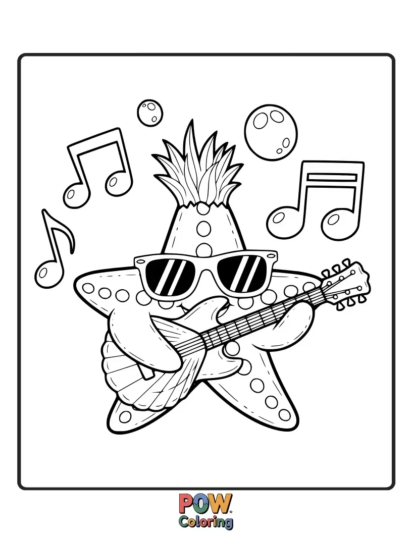 Free coloring page of A cool starfish with sunglasses and a tiny guitar, ready to rock out on a coral stage.