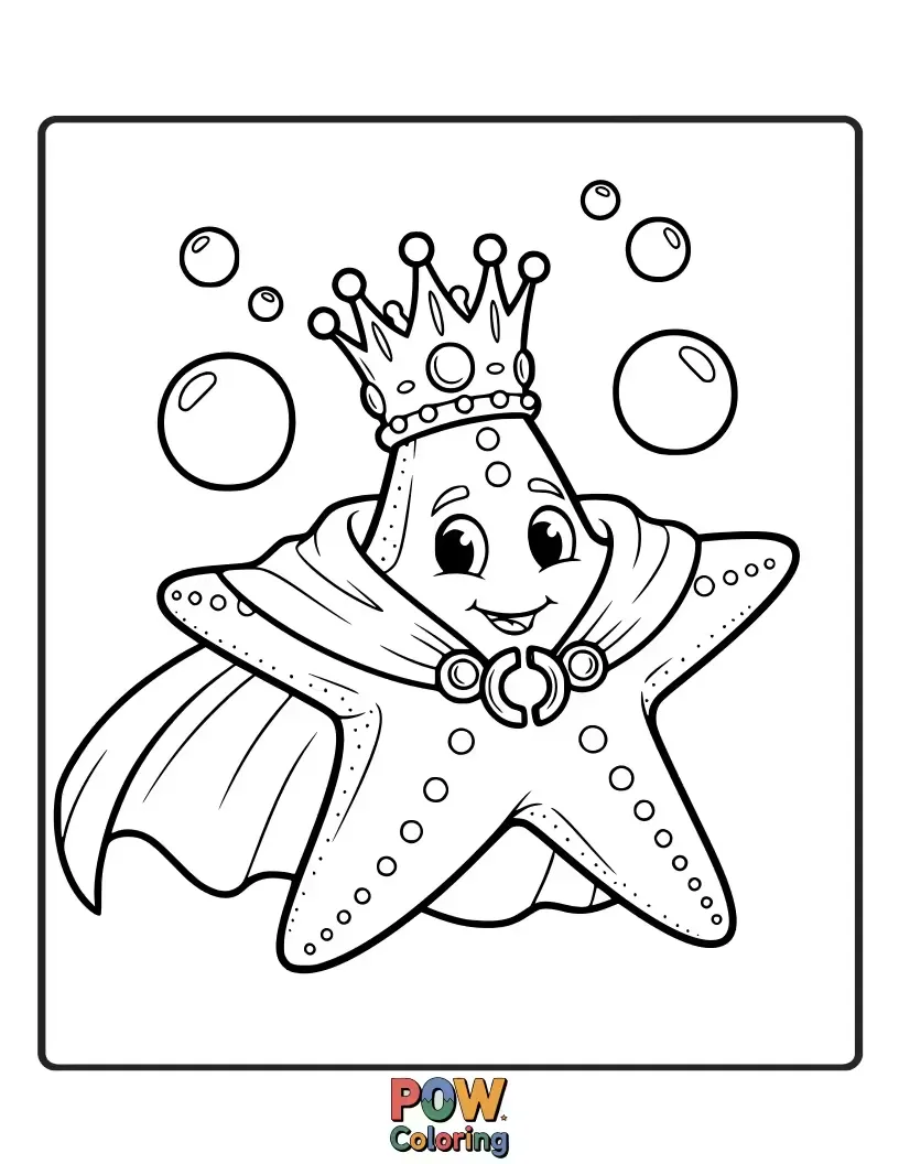 Free coloring page of A majestic starfish wearing a sparkly crown and elegant robes, ruling its underwater kingdom with grace.