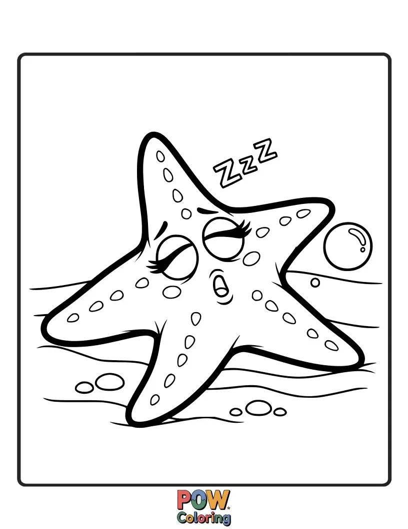 Free coloring page of A very tired starfish snuggled under a cozy blanket of kelp, dreaming sweet ocean dreams.
