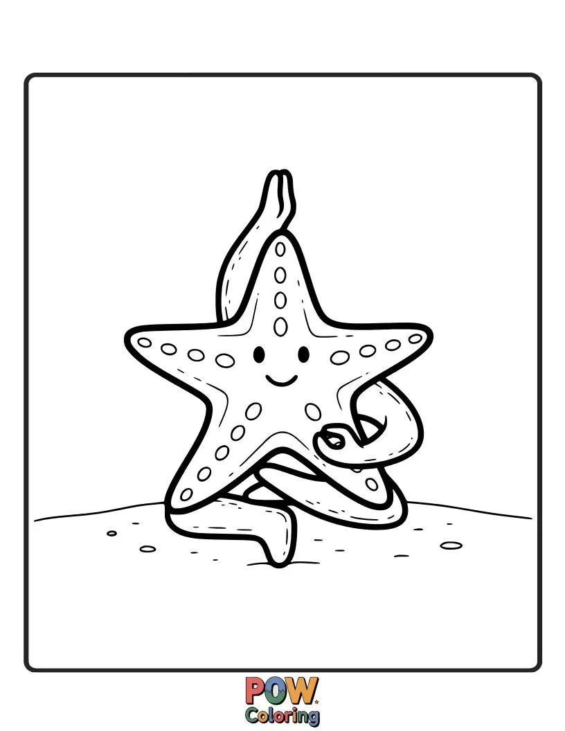 Free coloring page of A serene starfish striking a peaceful yoga pose on a smooth, flat rock under the sea.