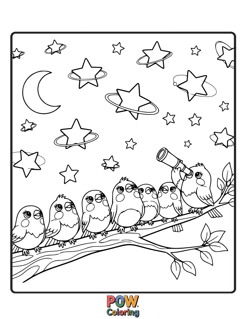 Free coloring page of Small finches looking up at a starry night sky, filled with wonder and amazement.