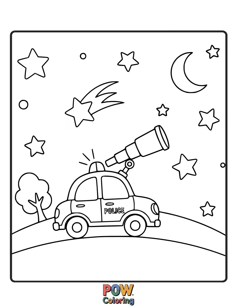 Free coloring page of Star gazing police car, curious, looking up at the night sky, searching for celestial justice and friendly constellations.