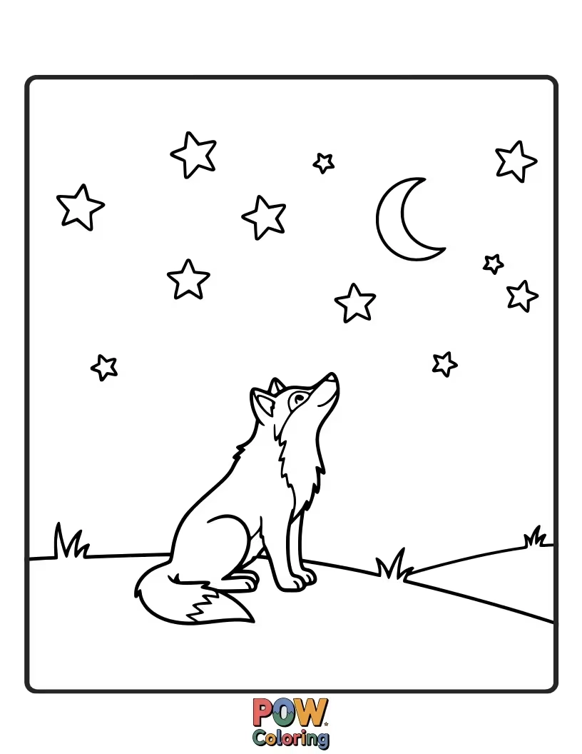 Free coloring page of A curious wolf lying on its back, pointing a paw at a constellation.