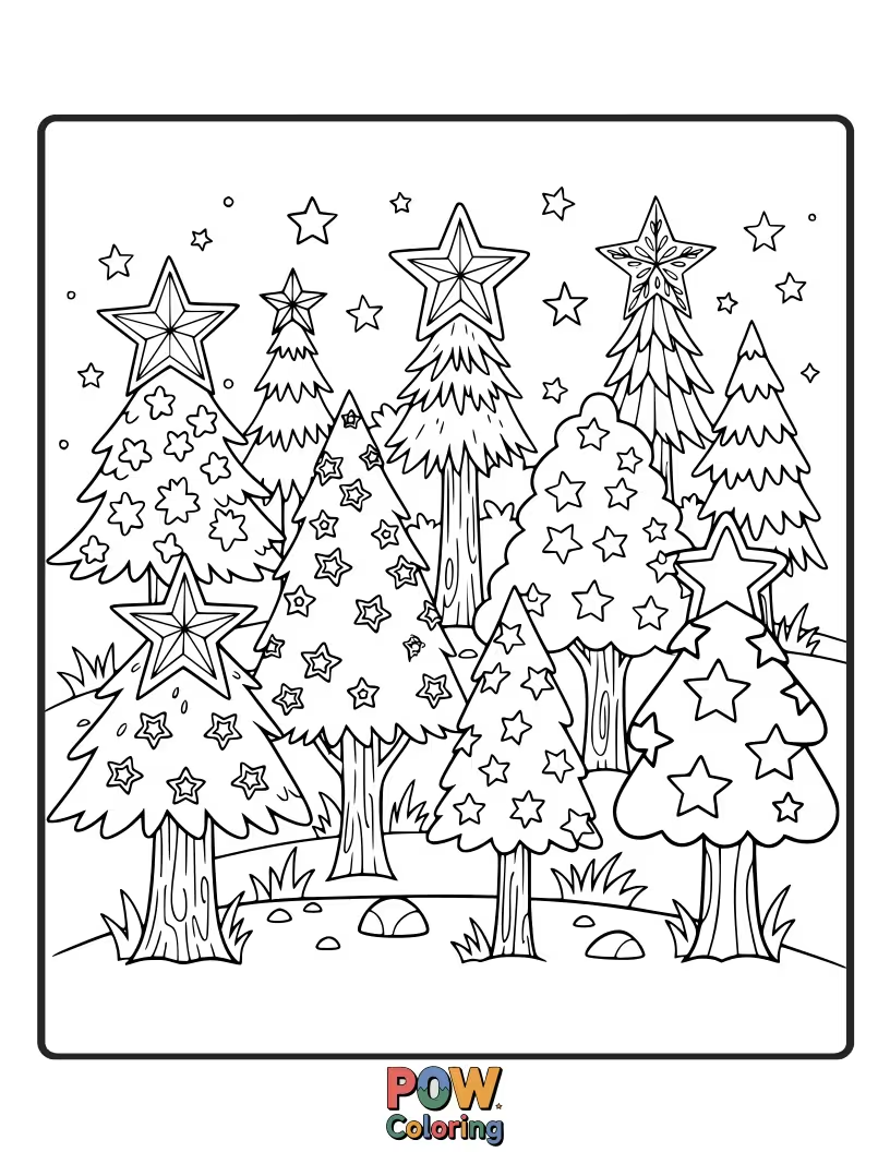 Free coloring page of Trees crowned with twinkling stars instead of leaves, reaching for the night sky.