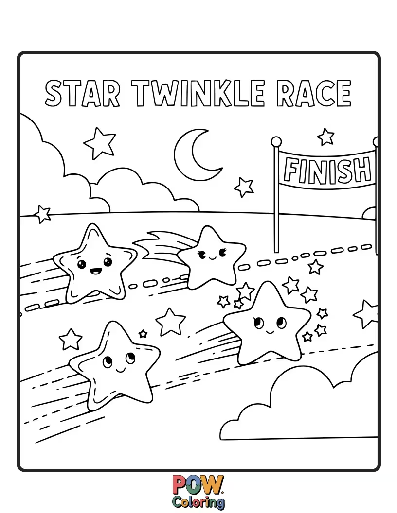 Free coloring page of Little stars are twinkling and racing across the night sky, leaving trails of stardust behind them.