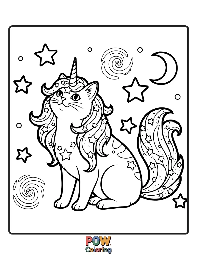 Free coloring page of A magical unicorn cat weaving strands of starlight into intricate patterns, creating new constellations in the night sky.