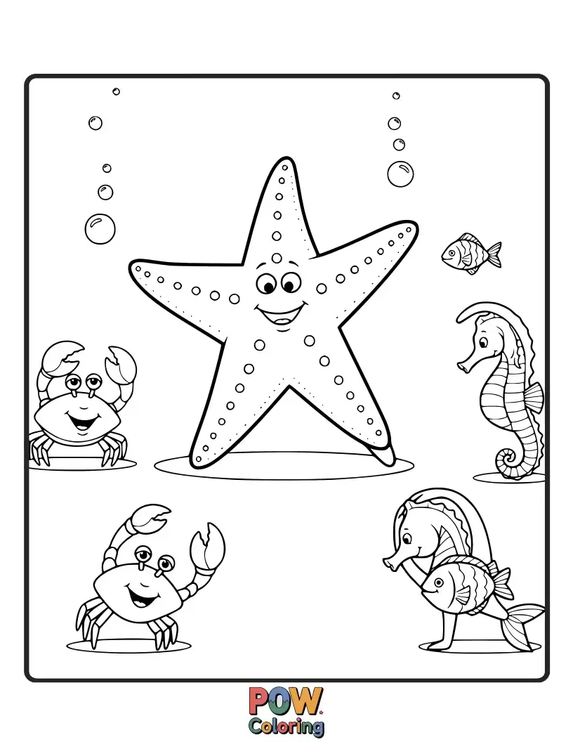 Free coloring page of A relaxed starfish spreading its arms wide in a gentle stretching pose on a sandy gym floor.