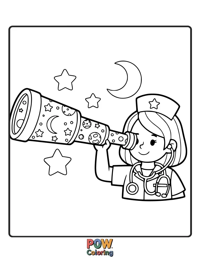 Free coloring page of A curious nurse peering through a telescope-stethoscope, seeking out ailments and bringing celestial healing.