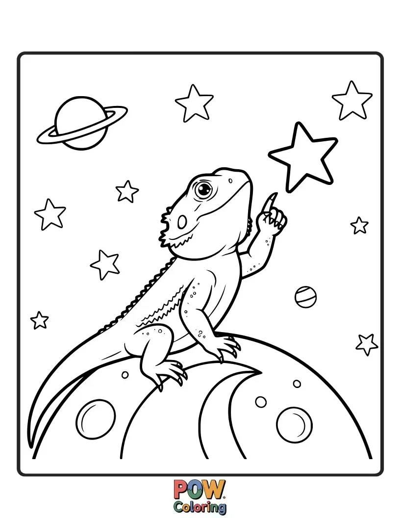 Free coloring page of A thoughtful bearded dragon lizard looking up at a night sky filled with stars and a crescent moon.