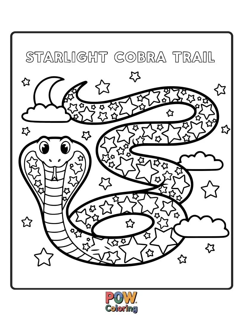 Free coloring page of A unique cobra snake leaving a shimmering trail of stardust as it slithers across the night.