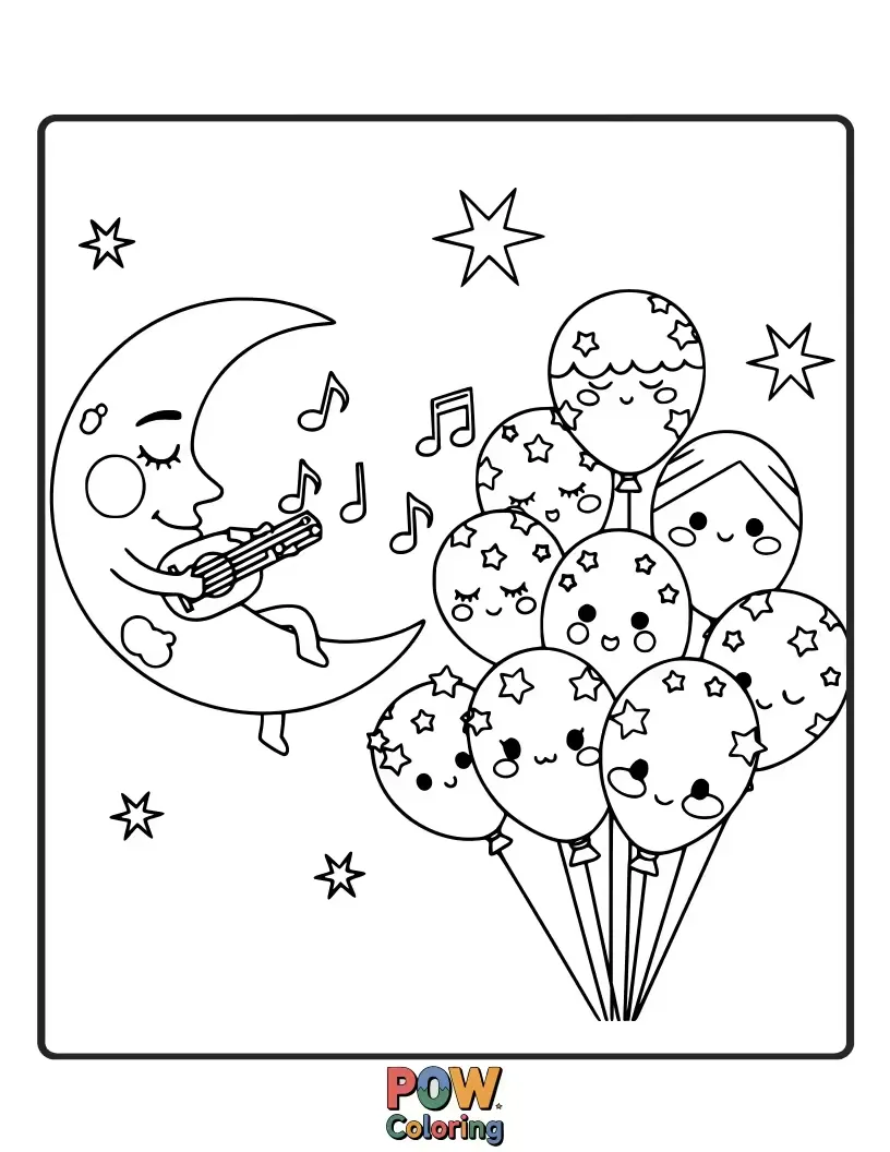 Free coloring page of Elegant hot air balloons adorned with celestial motifs, gently floating under a canopy of twinkling stars.
