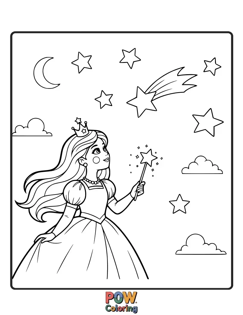 Free coloring page of A hopeful princess gazing at the night sky, making a wish upon a shooting star.