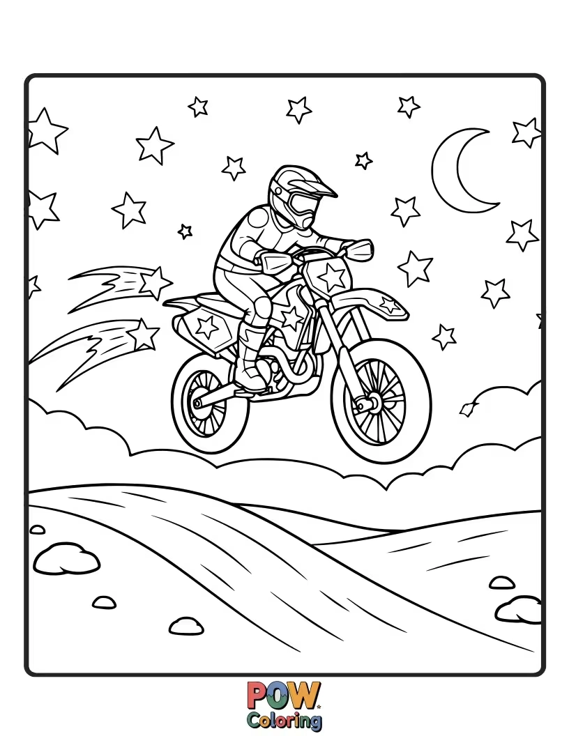 Free coloring page of A dirt bike racing under a blanket of twinkling stars and a crescent moon.
