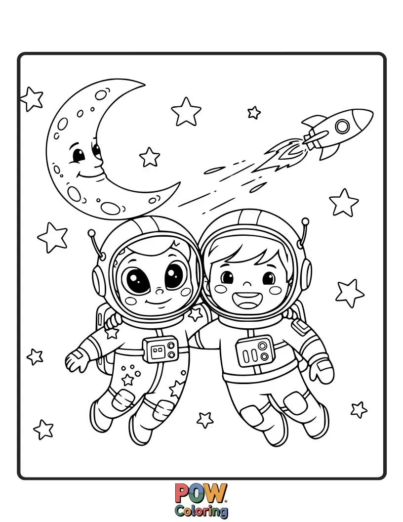 Free coloring page of Cute, smiling astronauts floating amongst friendly stars, waving hello from their space adventure.