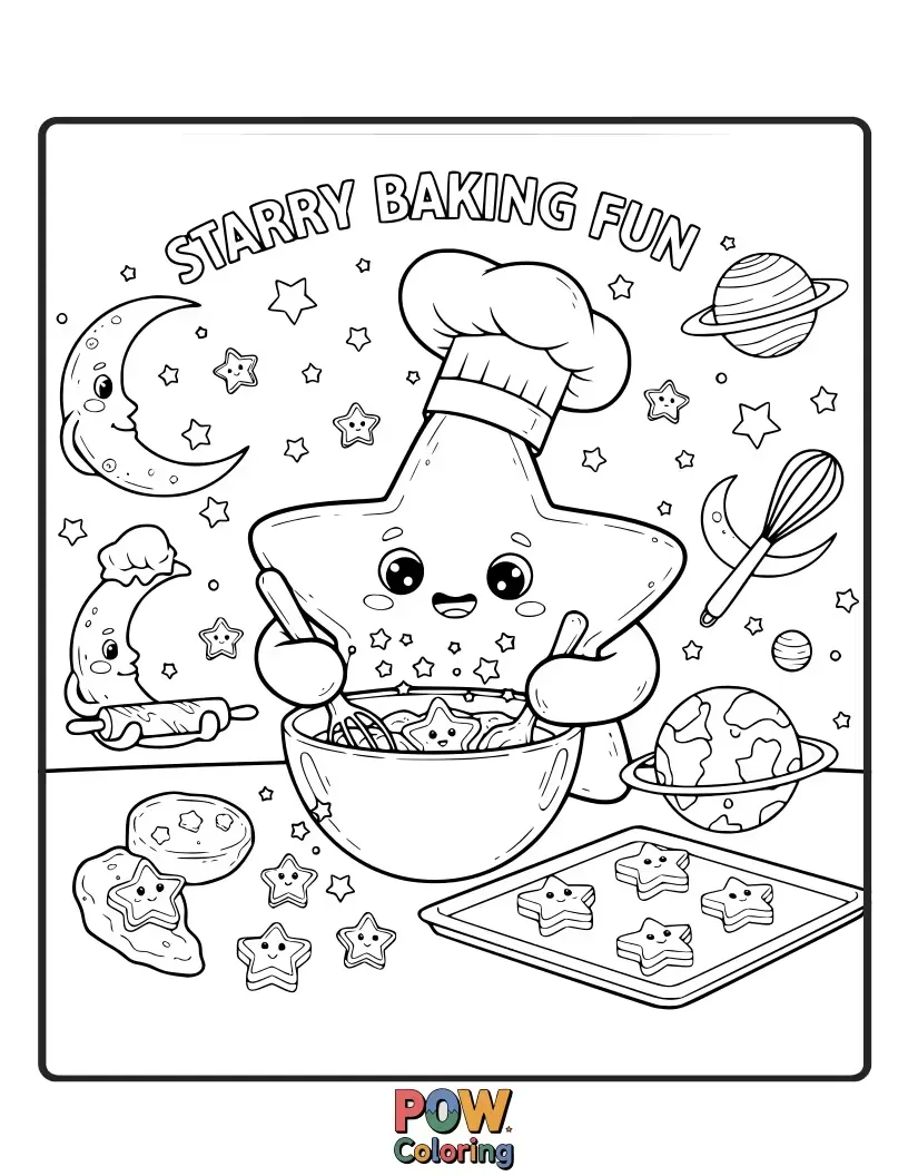 Free coloring page of Little stars wearing chef hats, happily decorating star-shaped cakes with colorful frosting.