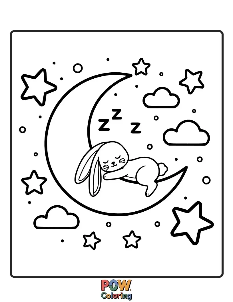 Free coloring page of A dreamy bunny with big, sleepy eyes gazes at a sky filled with twinkling stars and a crescent moon.