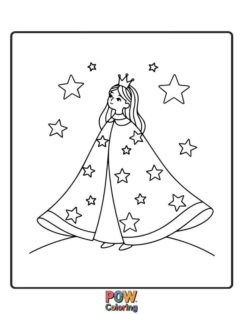 Free coloring page of A majestic princess wearing a cape dotted with shimmering stars, ready for her journey.
