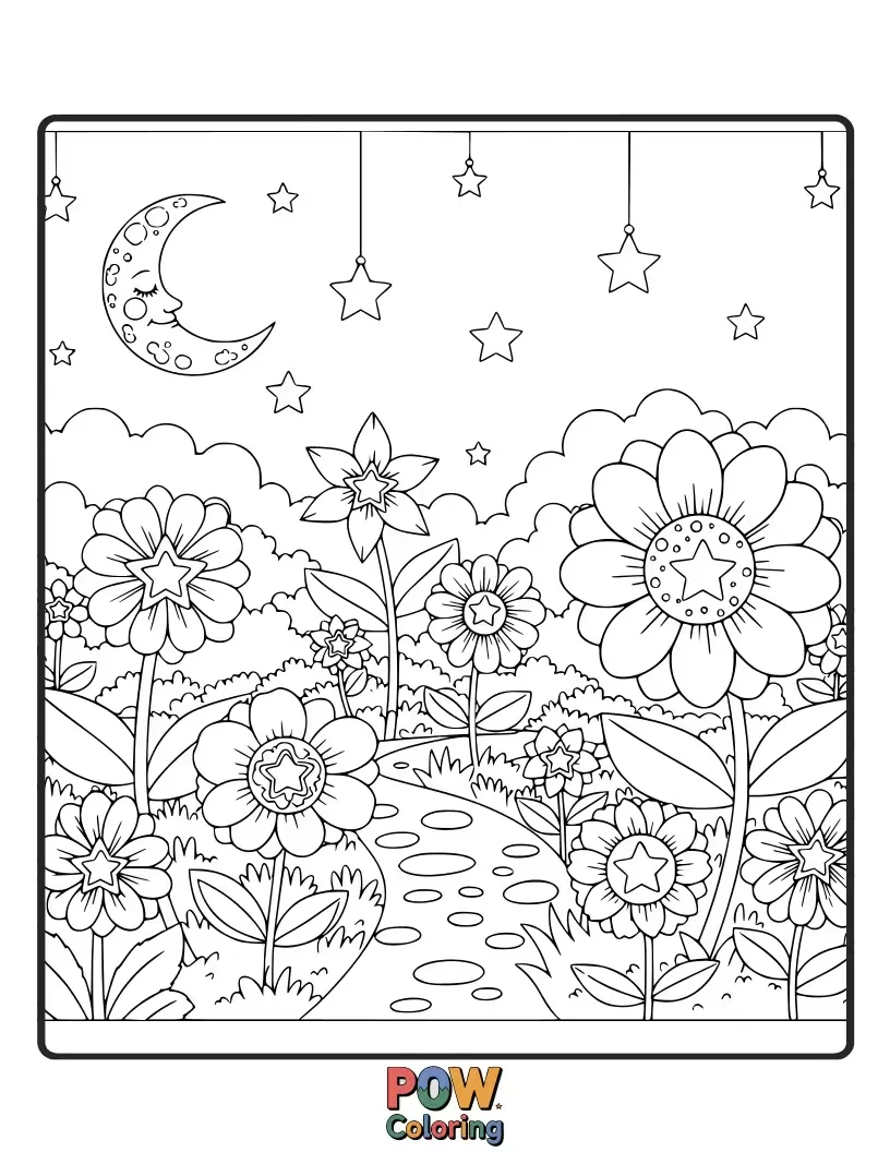 Free coloring page of Beautiful flowers with star-shaped petals blooming vibrantly under a sky filled with shining stars.