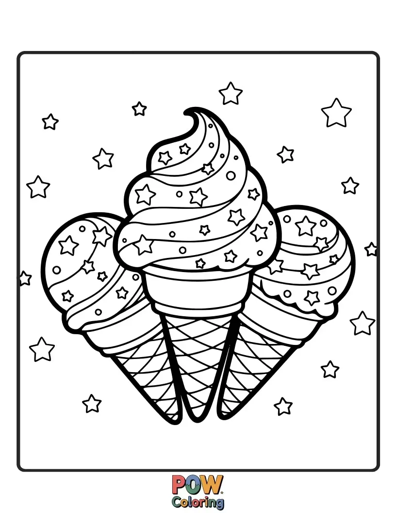 Free coloring page of Deliciously decorated ice cream cones topped with star-shaped sprinkles and candy.