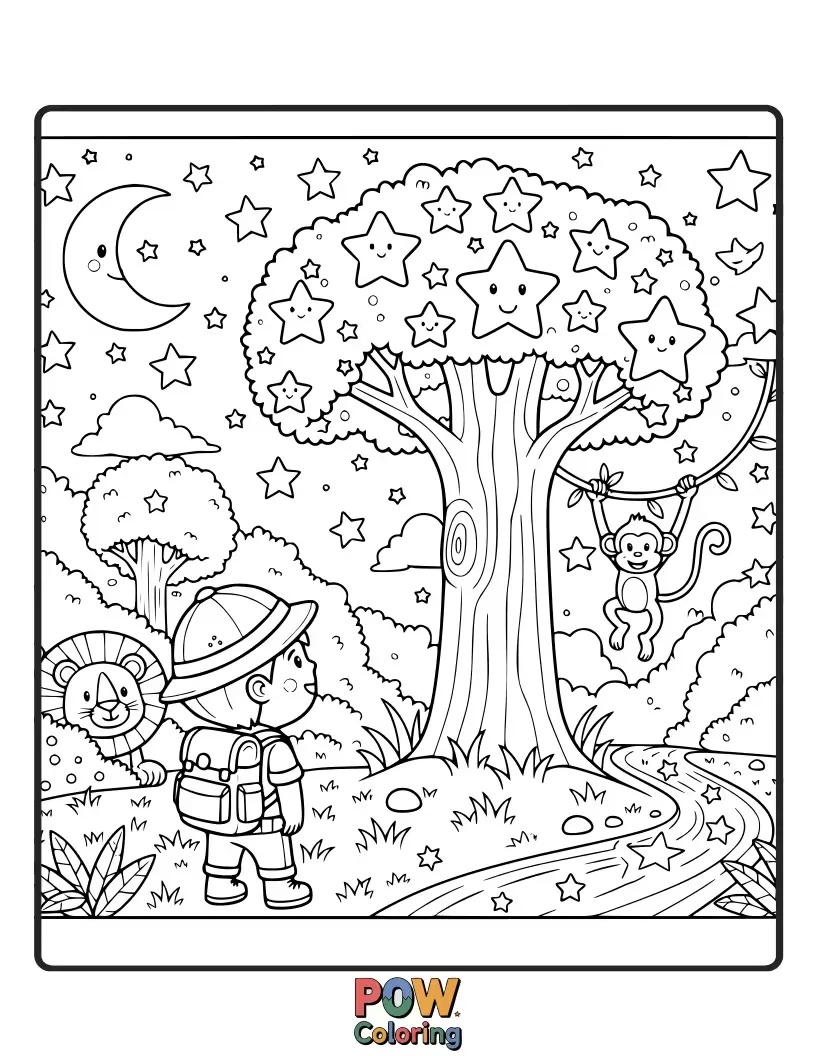 Free coloring page of Friendly jungle animals playfully interacting with whimsical, glowing stars in a leafy environment.