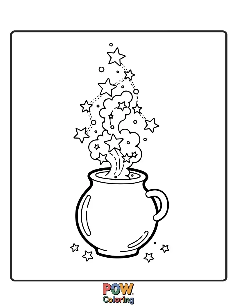 Free coloring page of Bubbling, colorful potions in star-shaped bottles, surrounded by twinkling star magic.
