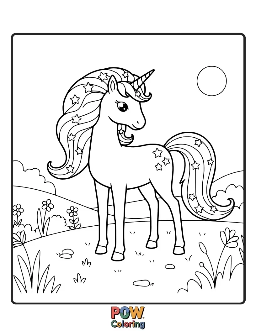 Free coloring page of Unicorn whose mane is a cascade of twinkling stars.