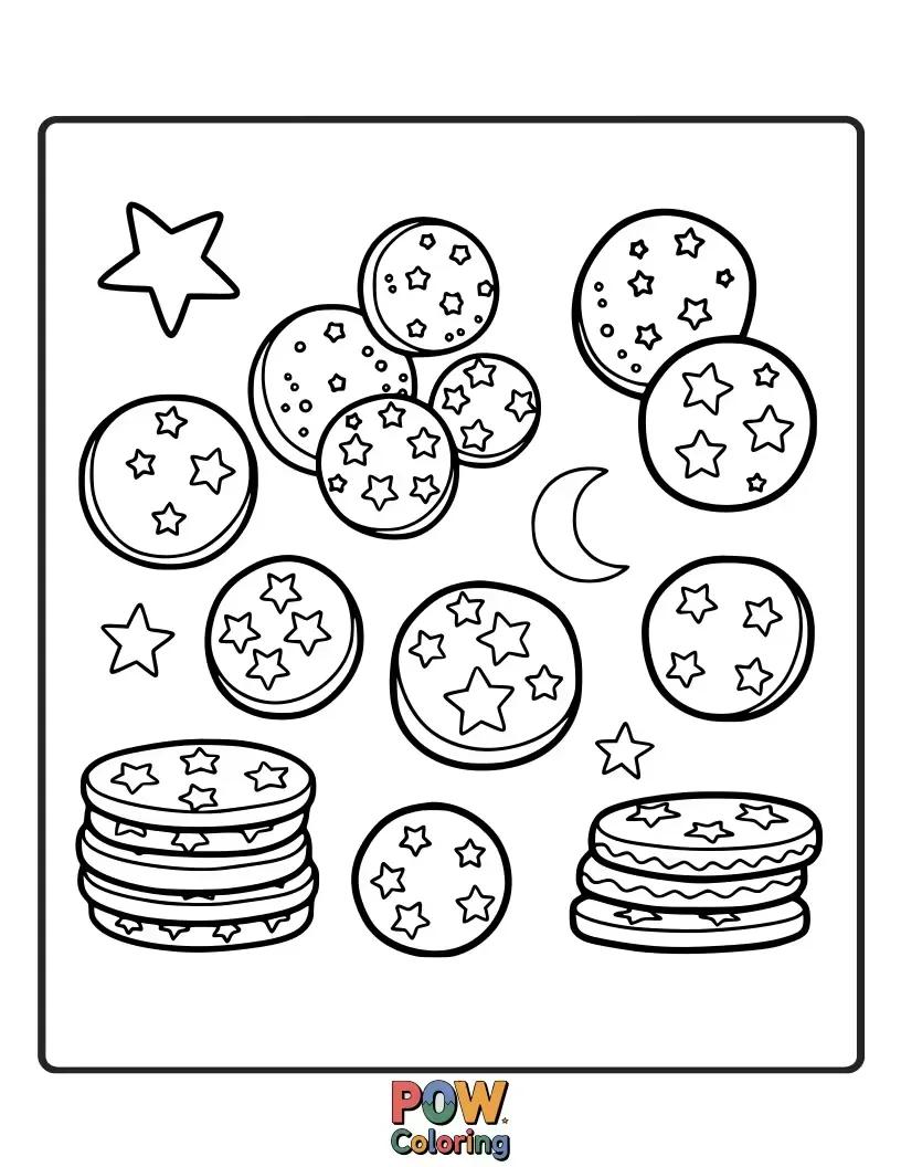 Free coloring page of Whimsical star-shaped cookies twinkling with edible glitter and celestial patterns. A dreamy, cosmic treat for coloring!