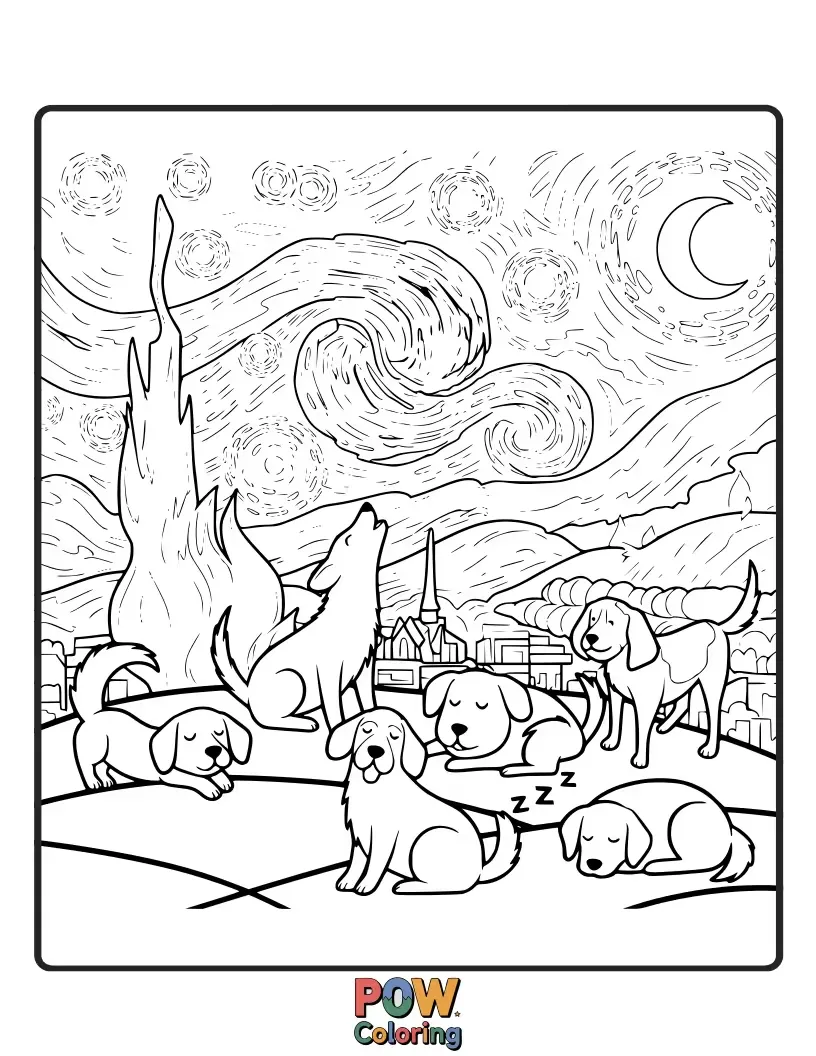 Free coloring page of Beautiful dogs silhouetted against a breathtaking starry night sky, with swirling constellations and a luminous moon to bring to life.