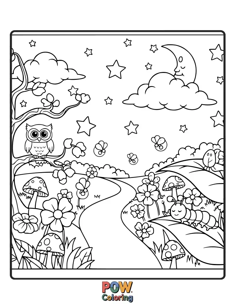 Free coloring page of A serene garden bathed in moonlight, with glowing flowers, sleepy animals, and twinkling stars dotting the sky above.