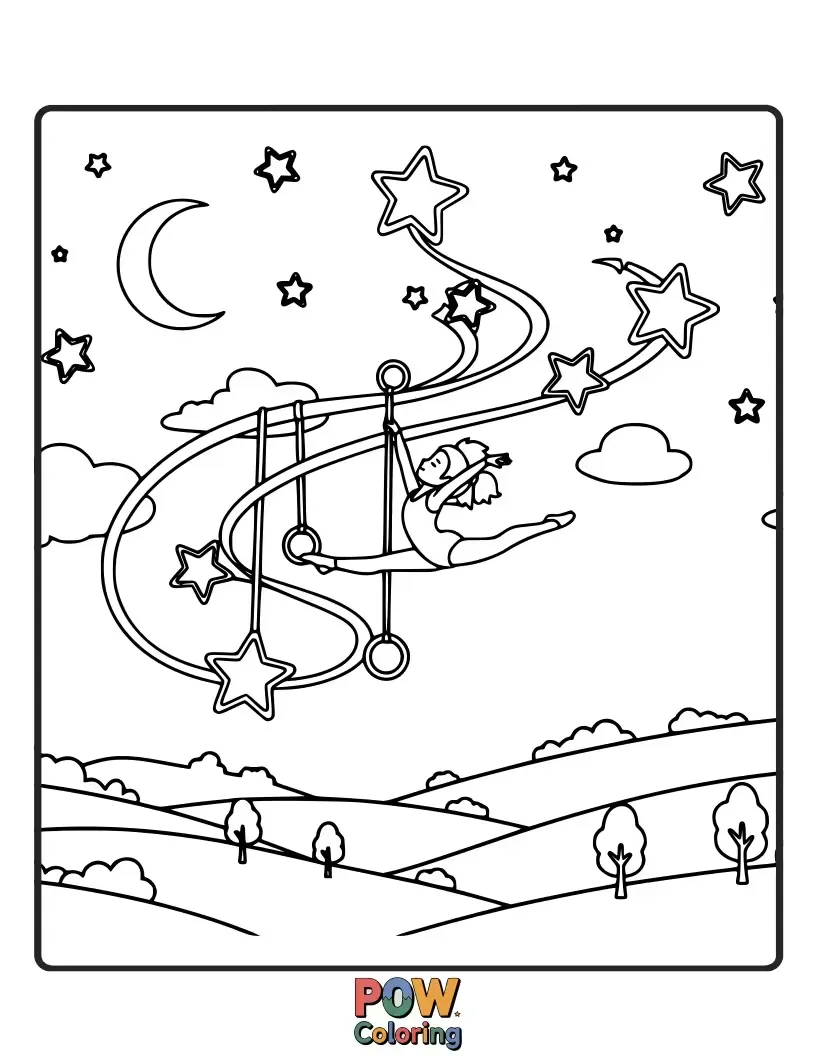 Free coloring page of Constellations and celestial bodies performing graceful tumbles and poses under a shimmering, moonlit sky.