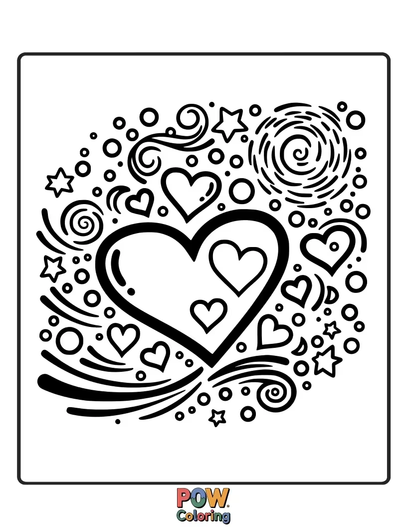 Free coloring page of A peaceful night scene with a crescent moon and scattered hearts twinkling like stars. Magical slumber.