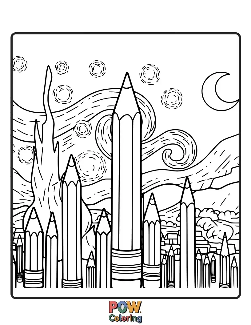 Free coloring page of A serene pencil under a sky full of twinkling stars and a crescent moon, ideal for calm and beautiful artwork.