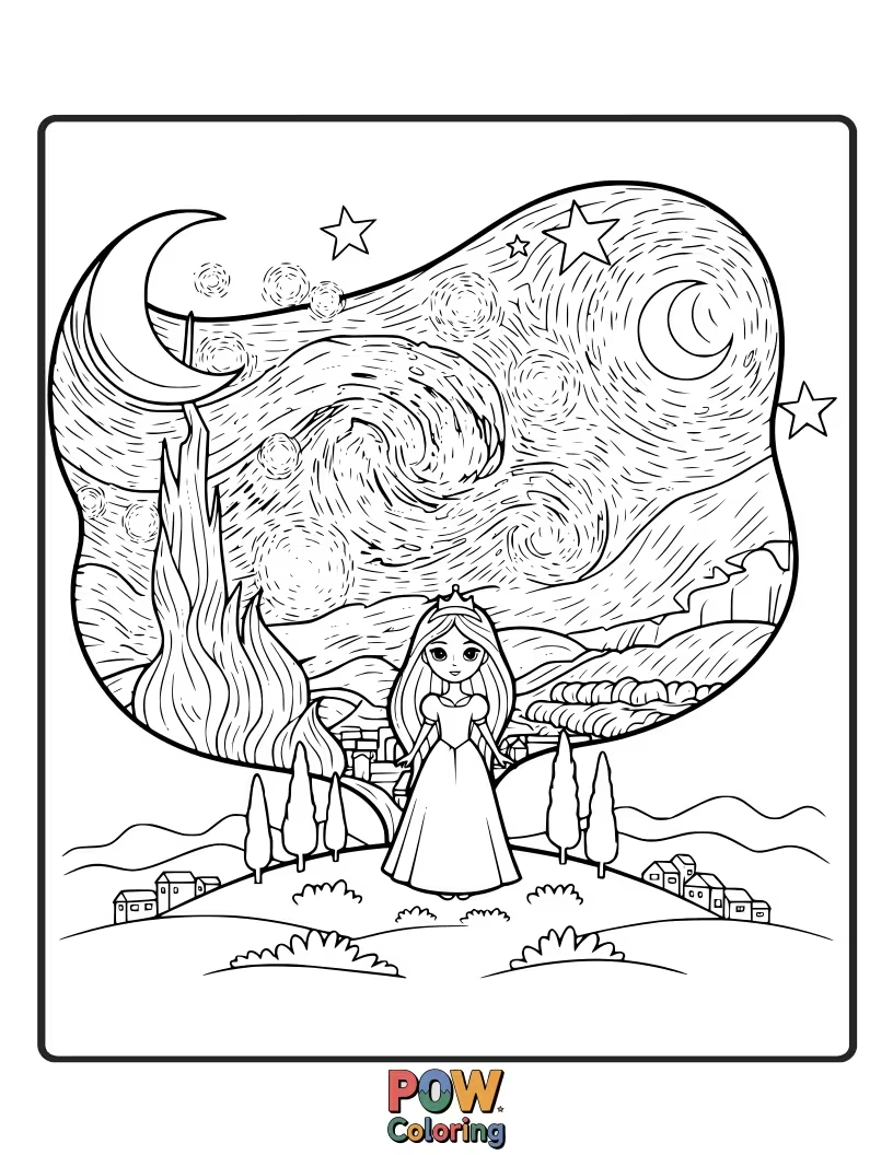 Free coloring page of A peaceful princess watching the stars twinkle brightly in a vast, dark night sky.
