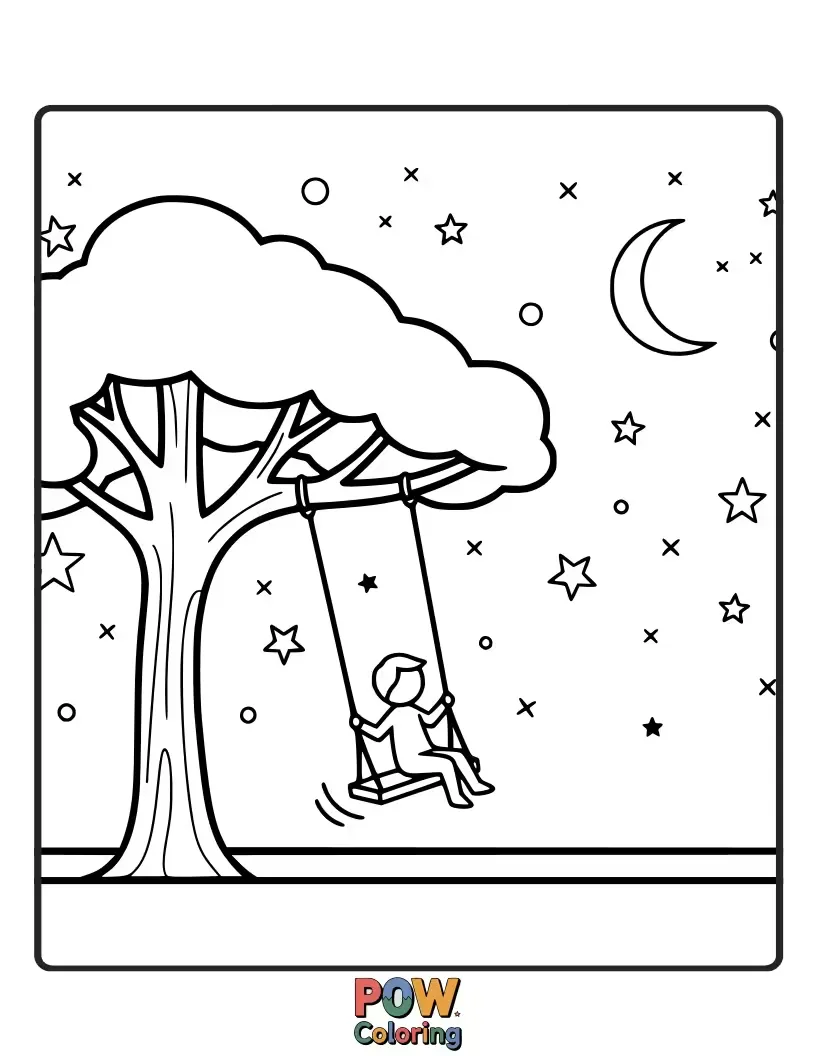 Free coloring page of A sleepy owl with big eyes softly swings under a blanket of stars, perched on a moonbeam.