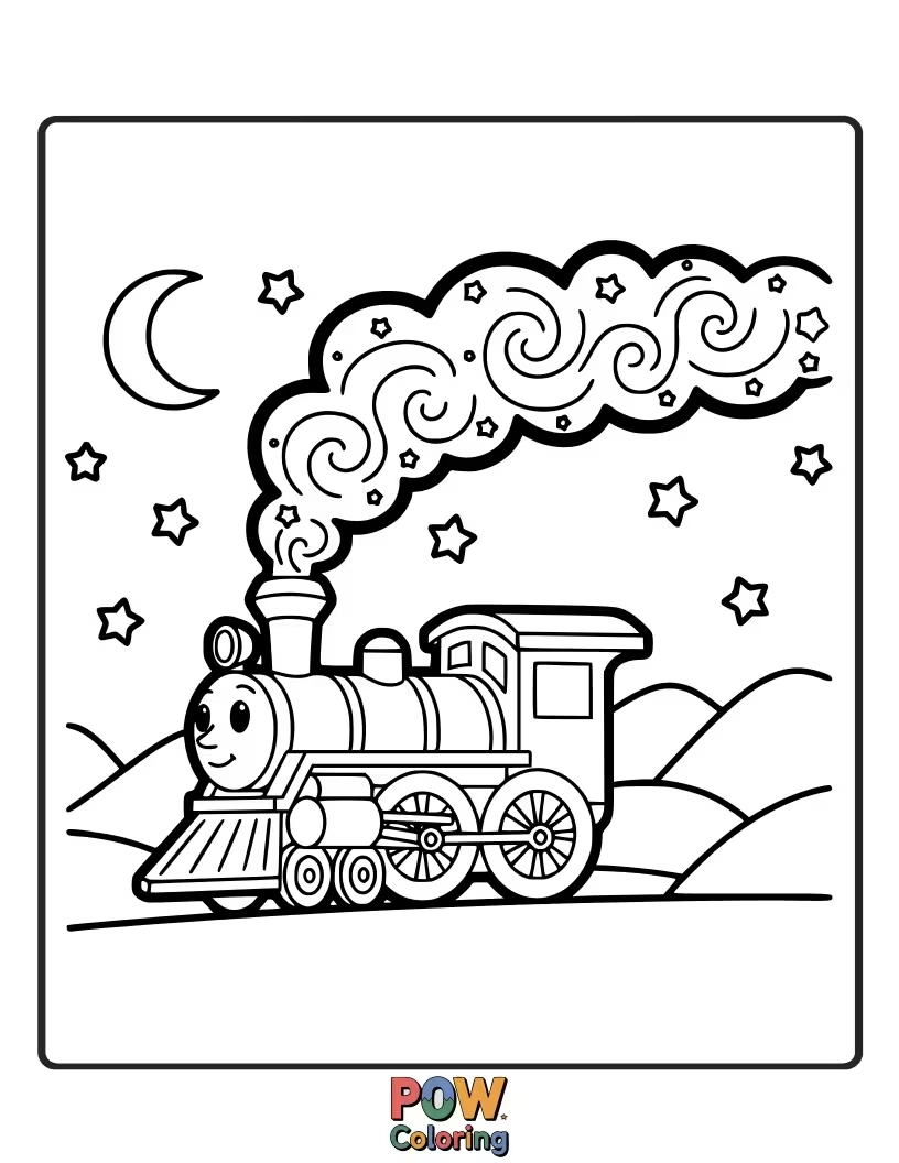 Free coloring page of A train chugging through a galaxy filled with twinkling stars and nebulae. Color the vastness and beauty of space.