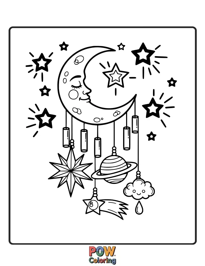Free coloring page of Sparkling wind chimes under a starry night sky, with a crescent moon watching over.
