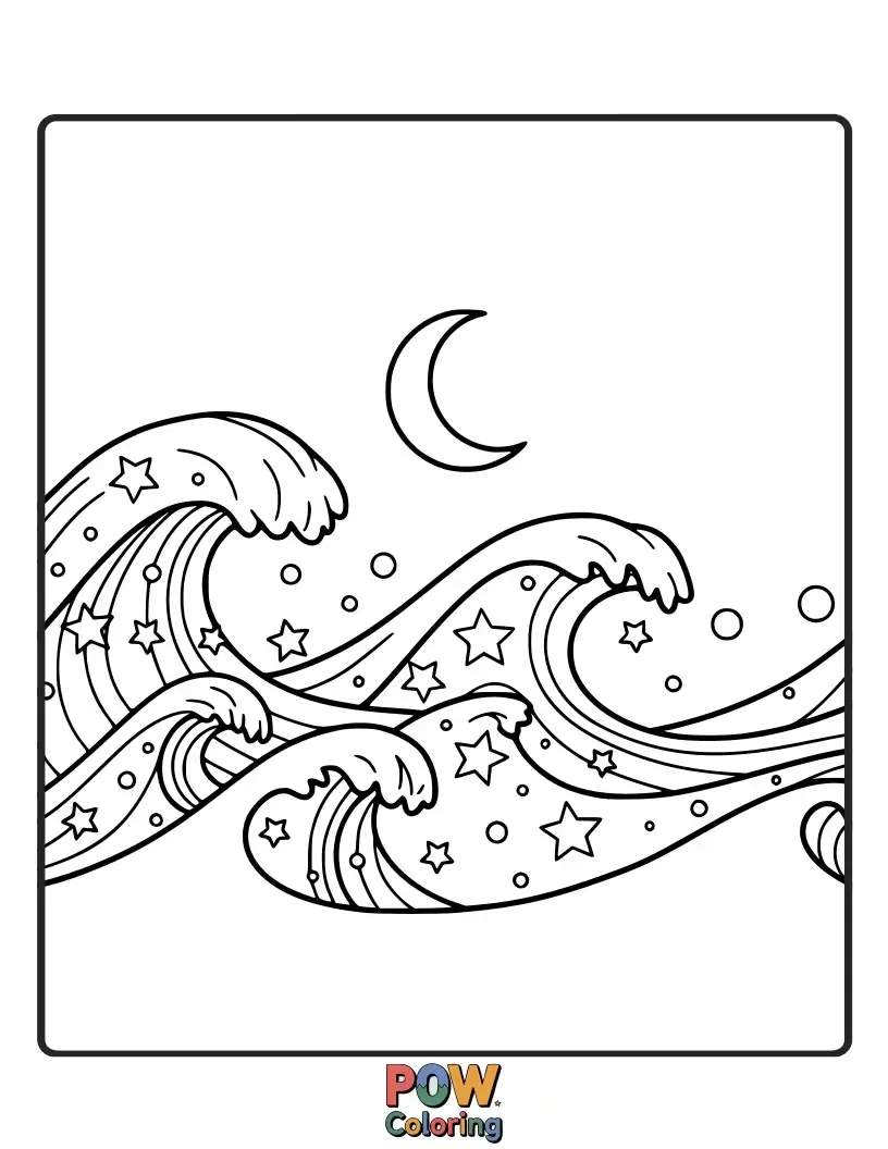 Free coloring page of Gentle waves of the ocean transforming into shimmering stars under a starry night sky.