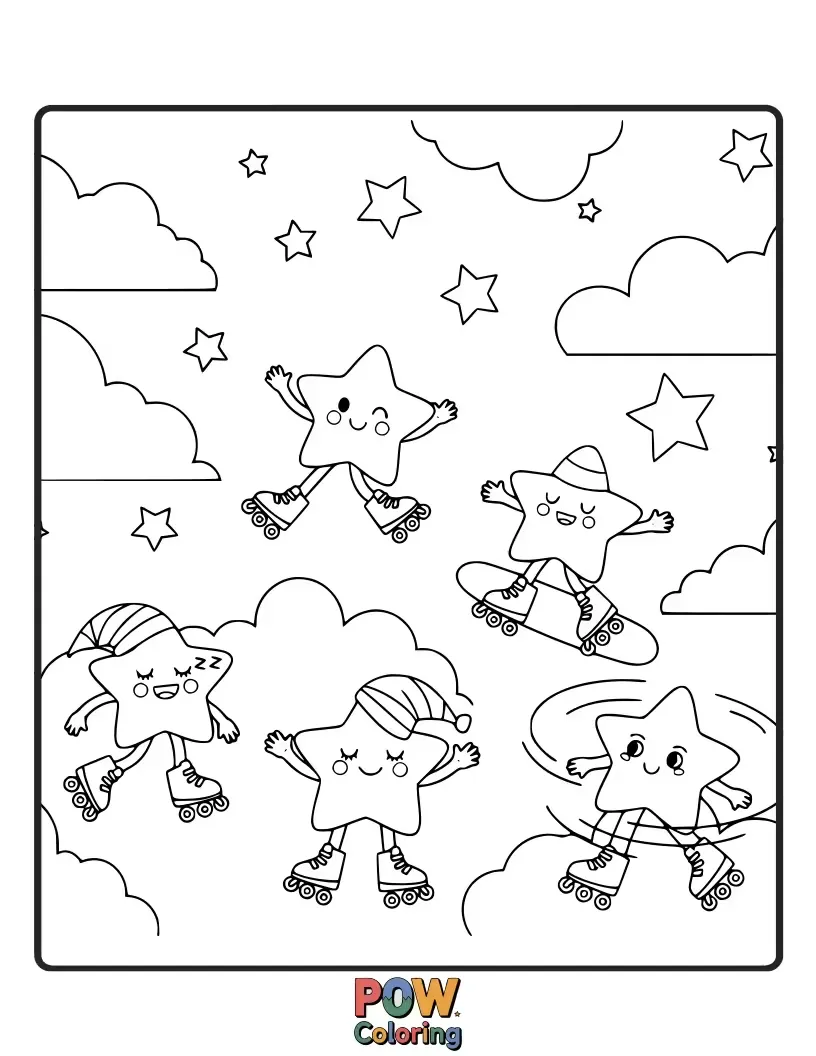 Free coloring page of Stars wearing tiny roller skates, zipping and twirling joyfully across a starry background.