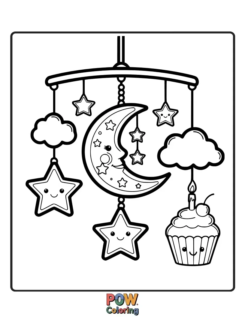 Free coloring page of A baby mobile with gently swaying stars, moons, and tiny clouds for sweet dreams.