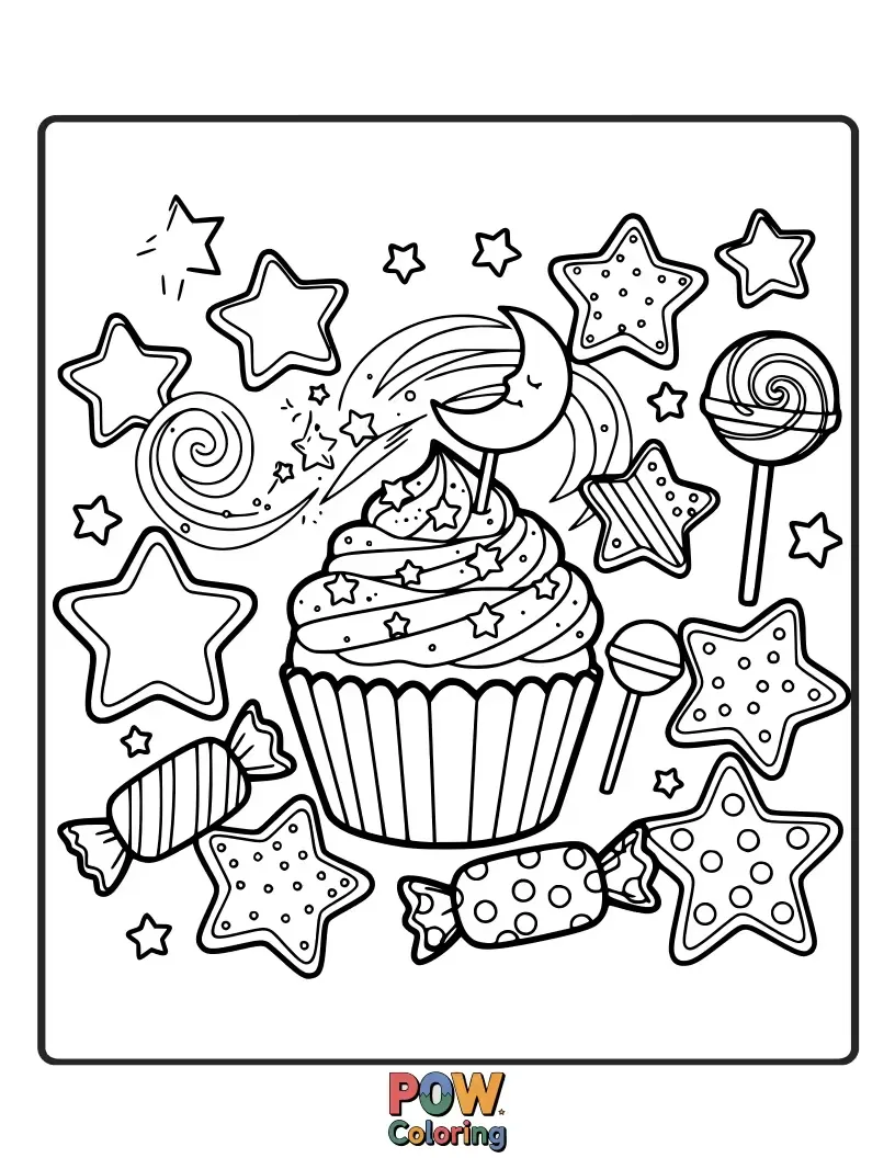 Free coloring page of Delicious-looking star-shaped cookies and cupcakes adorned with edible glitter and sprinkles.