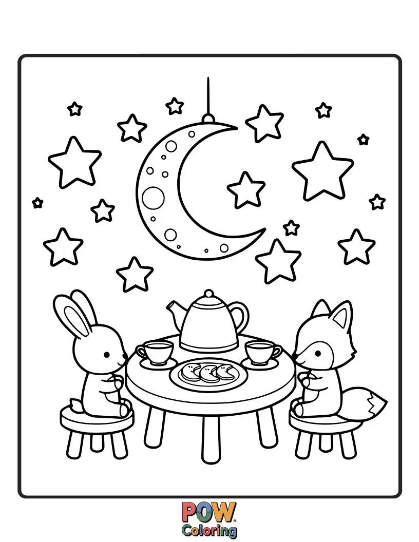 Free coloring page of Adorable stars gathered around a miniature table, enjoying a whimsical tea party with tiny cups.