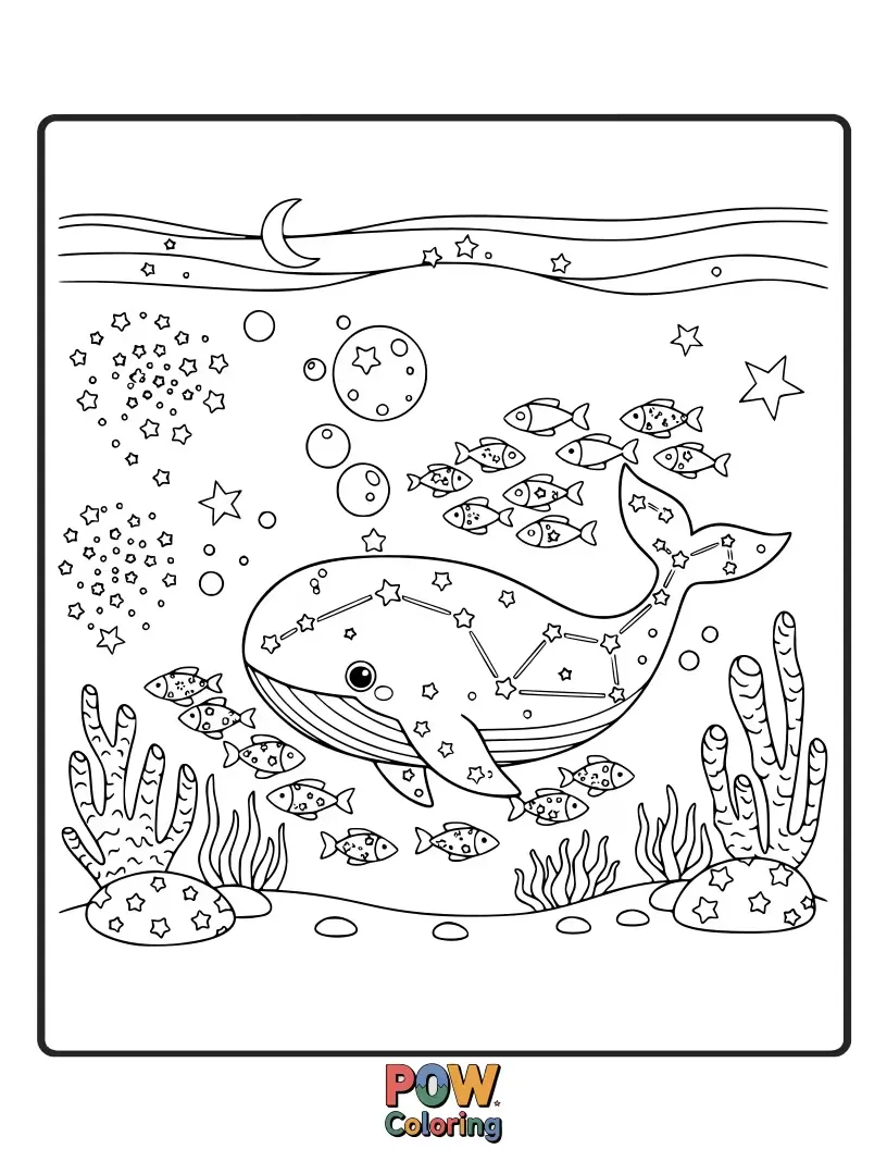 Free coloring page of Shimmering stars floating amongst playful fish and friendly sea creatures in a vibrant ocean.