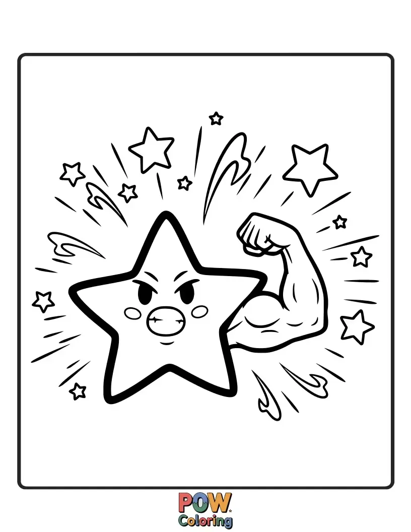 Free coloring page of A twinkling star performing impressive strength training with a mini barbell, radiating positive energy.
