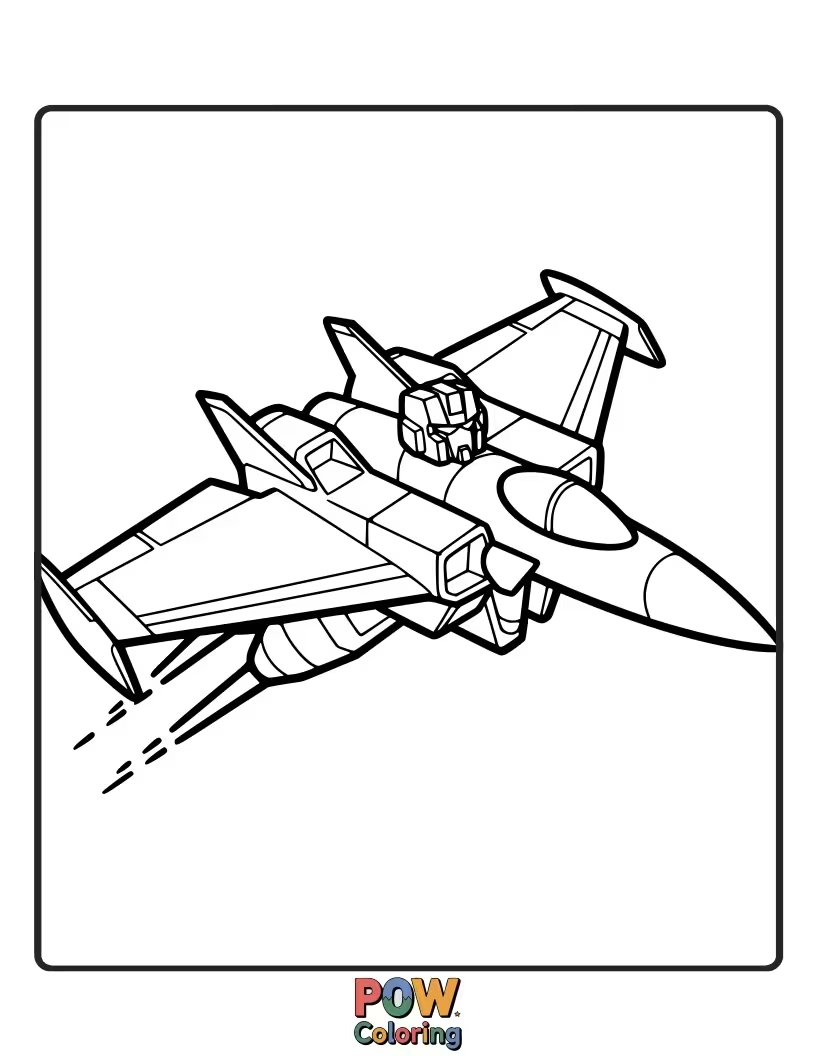 Free coloring page of Starscream in his futuristic jet fighter form, soaring through the sky, perfect for aerial coloring.