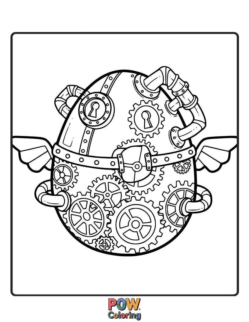 Free coloring page of An egg transformed with gears, cogs, and intricate mechanical details, perfect for a Victorian industrial aesthetic.