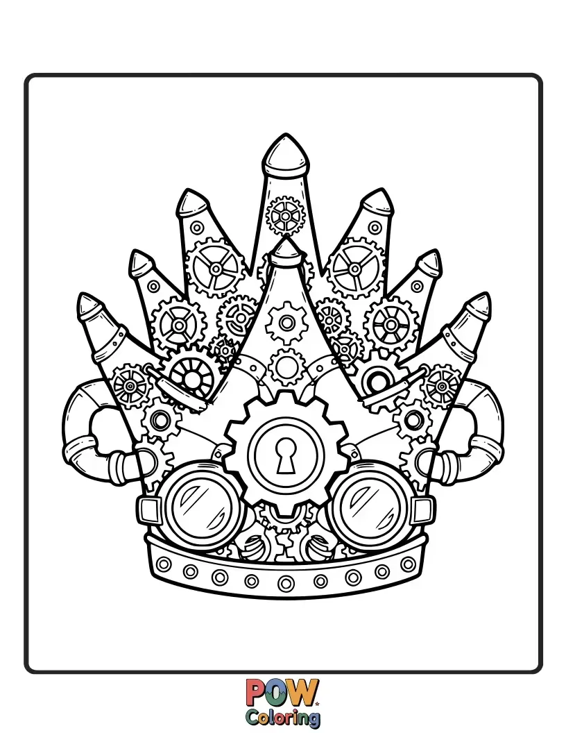 Free coloring page of A mechanical marvel, this crown features intricate gears, cogs, and brass elements for a unique look.
