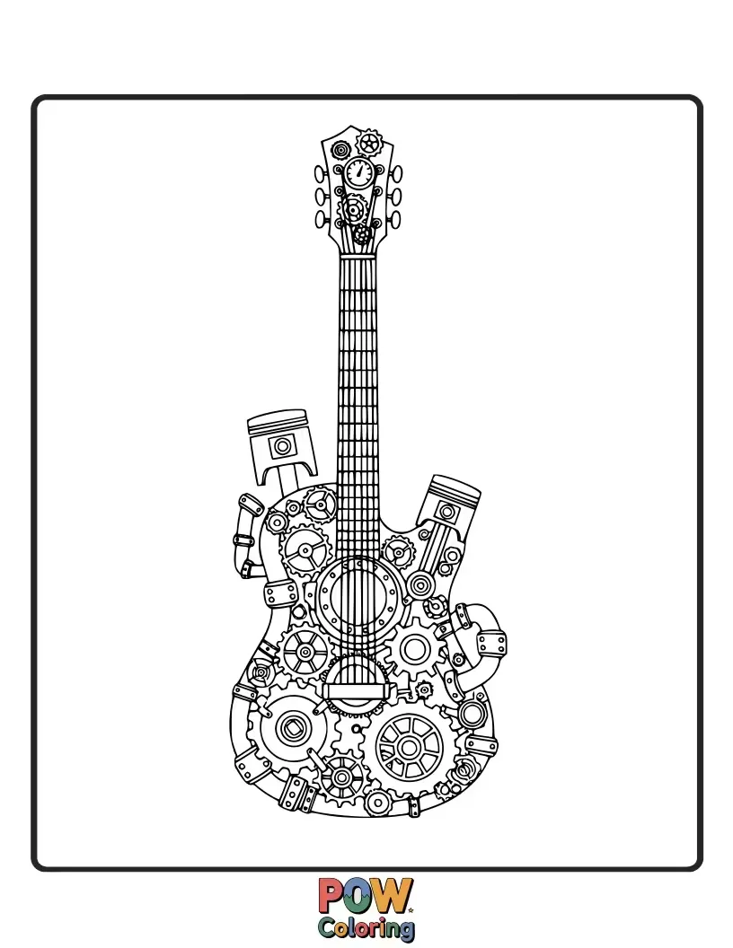 Free coloring page of A guitar with intricate gears, clockwork mechanisms, and brass accents for a unique look.